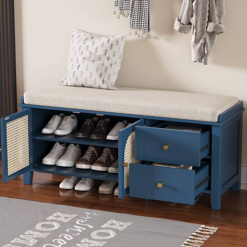 43.5 inch Shoes Bench with Cushion Storage Cabinet and 2 Drawers