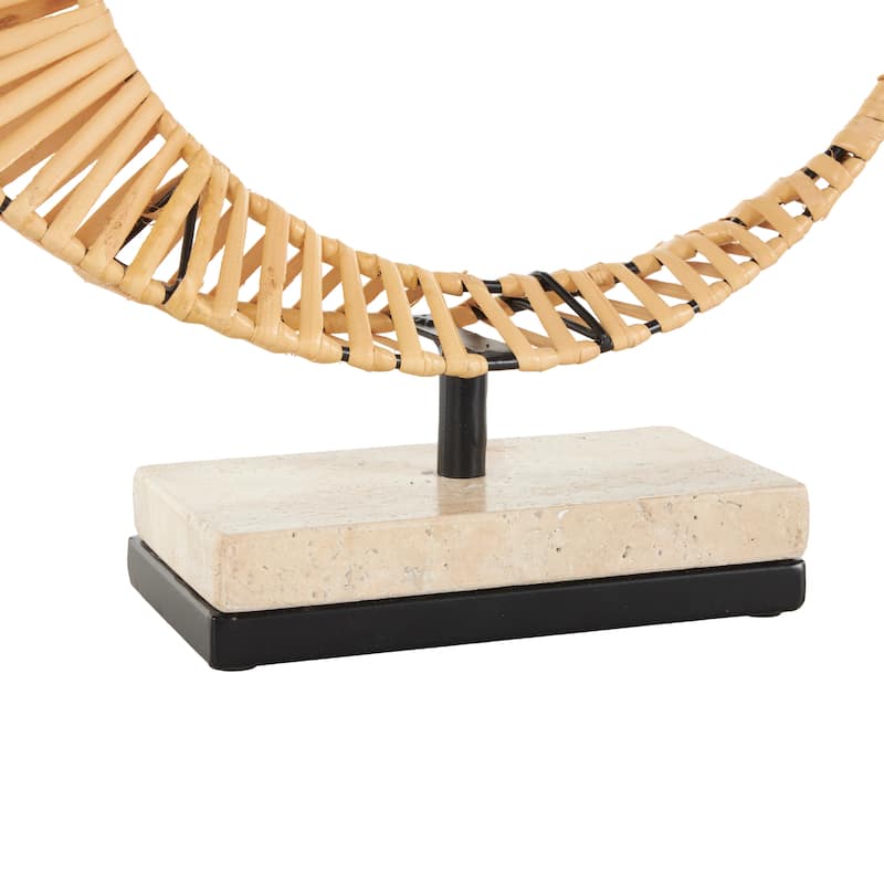Brown Rattan Handmade Mobius Strip Inspired Abstract Sculpture with White Marble Base