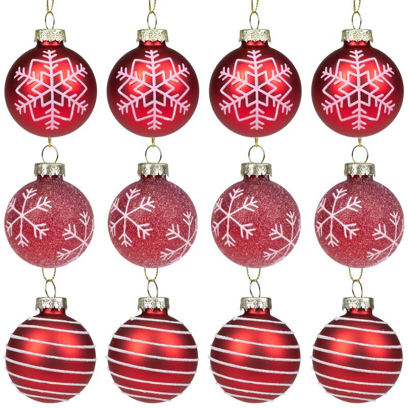 Snowflakes and Striped Glittered Glass Christmas Ornaments - 1.75-Inch (45mm) - Red - 12ct