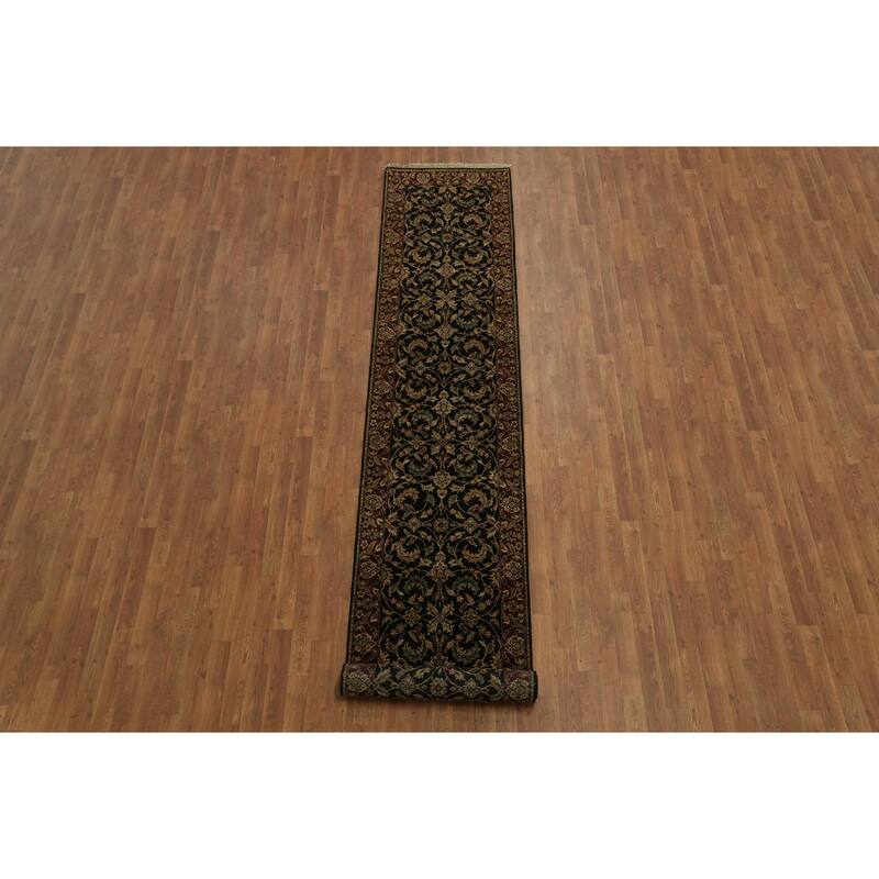 Hand Knotted Oriental 100% Wool Carpet Traditional All-Over Black Agra Runner Rug - 13' 5'' X 2' 5''