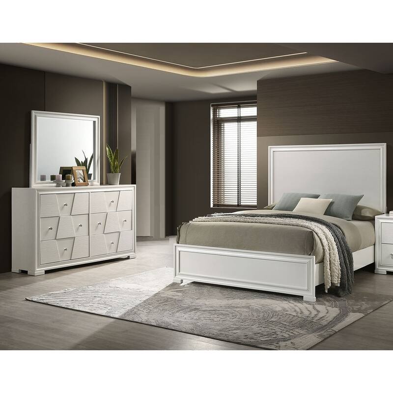 Classic Whtie Finish Modern 3pc Bedroom Set Bed Dresser Mirror