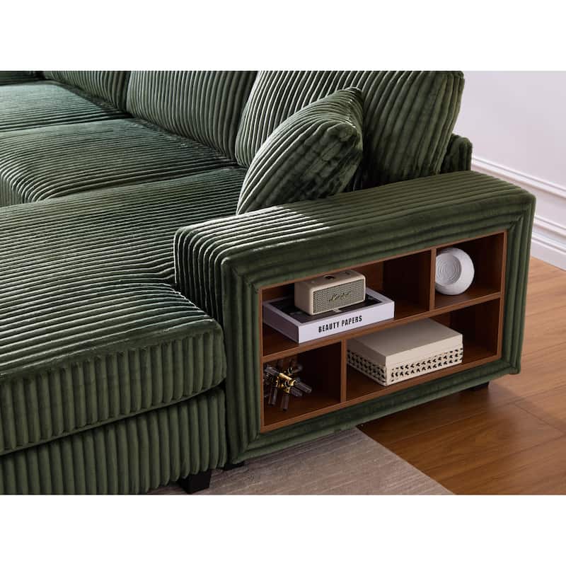 Modular Sectional Sofa with Dual Chaise Lounges, Corduroy Cloud Sofa with Armrest Storage Rack, Convertible 4-Seat Sleeper Sofa