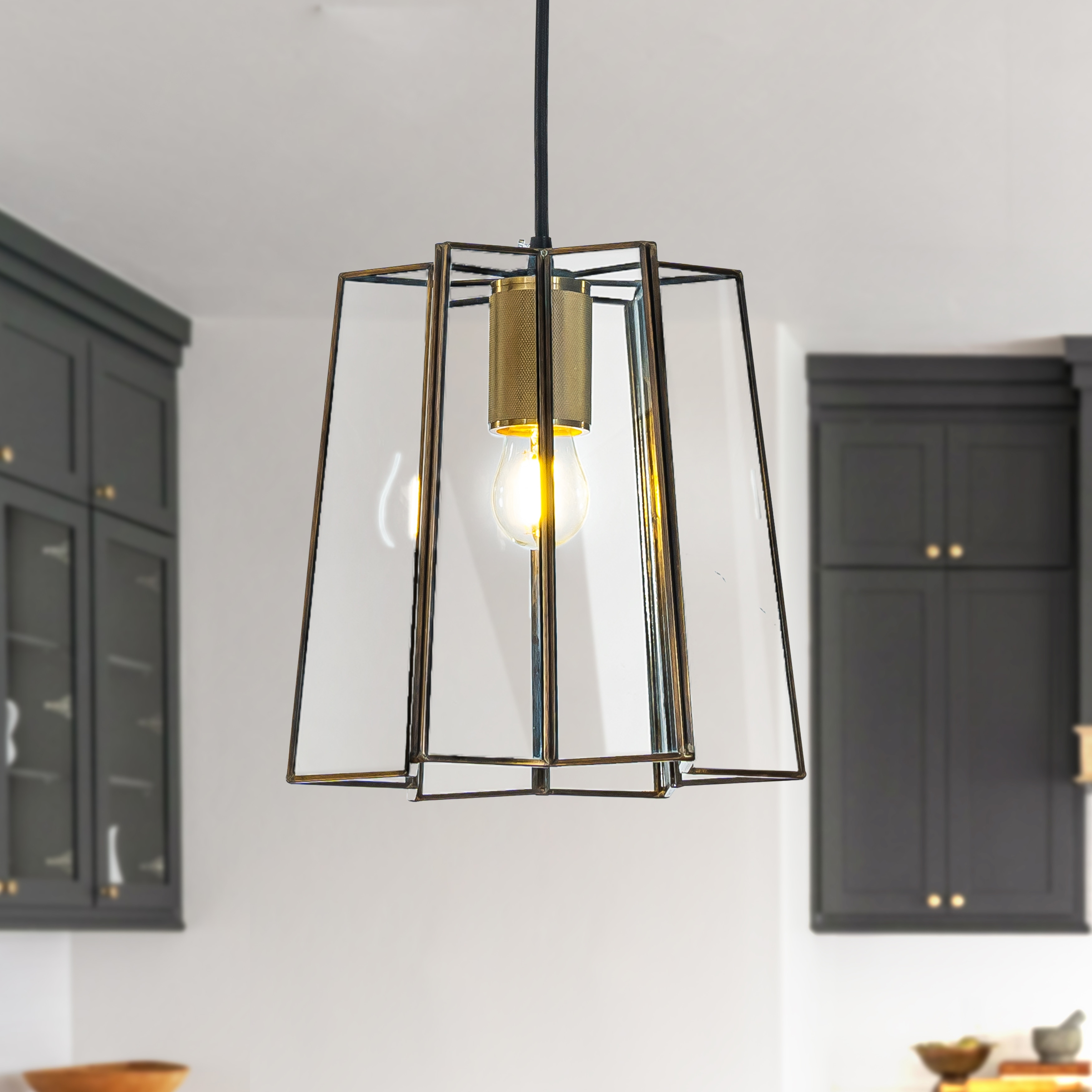 9" Minimalist Angled Ceiling Lantern Brown Glass Chandelier 1-Light Rustic Modern Pendant Light - w7''