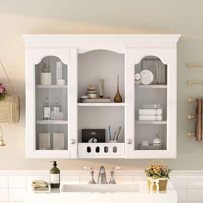 Roomfitters Wall Mounted Medicine Cabinet, Bathroom Cabinet with 2 Glass Doors, Over Toilet Storage Organizer, White