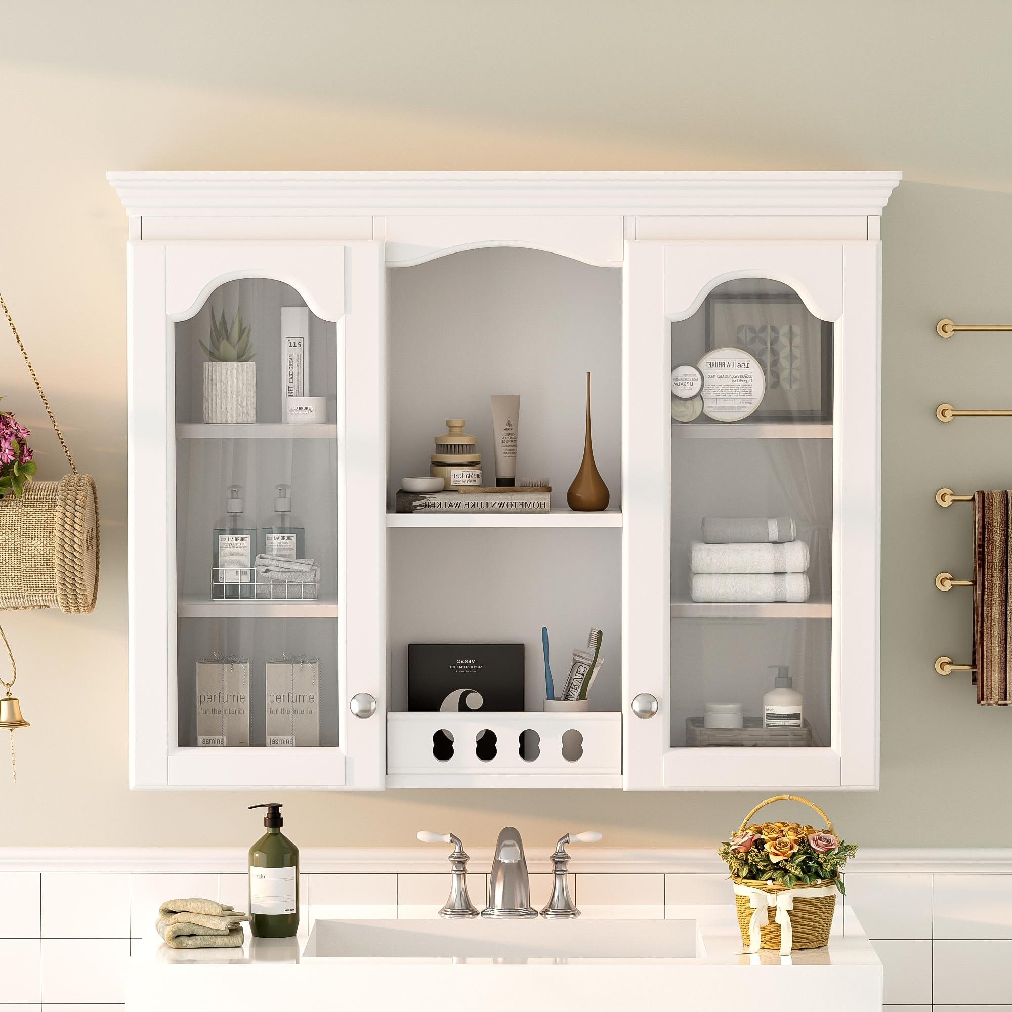 Roomfitters Wall Mounted Medicine Cabinet, Bathroom Cabinet with 2 Glass Doors, Over Toilet Storage Organizer, White