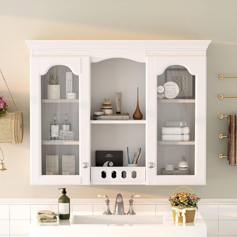 Wall Mounted Medicine Cabinet, Bathroom Wall Cabinet with 2 Glass Doors, Over The Toilet Space Saver Storage Cabinet - White