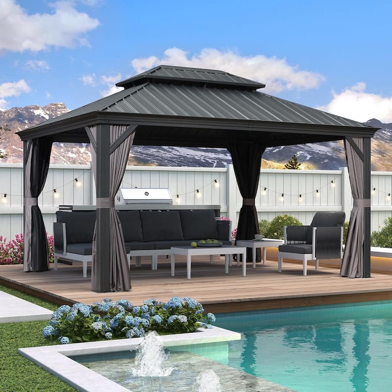 PURPLE LEAF Outdoor Galvanized Steel Hardtop Gazebo, Aluminum Frame Gazebo With Curtains - 11ft x 14ft - Grey