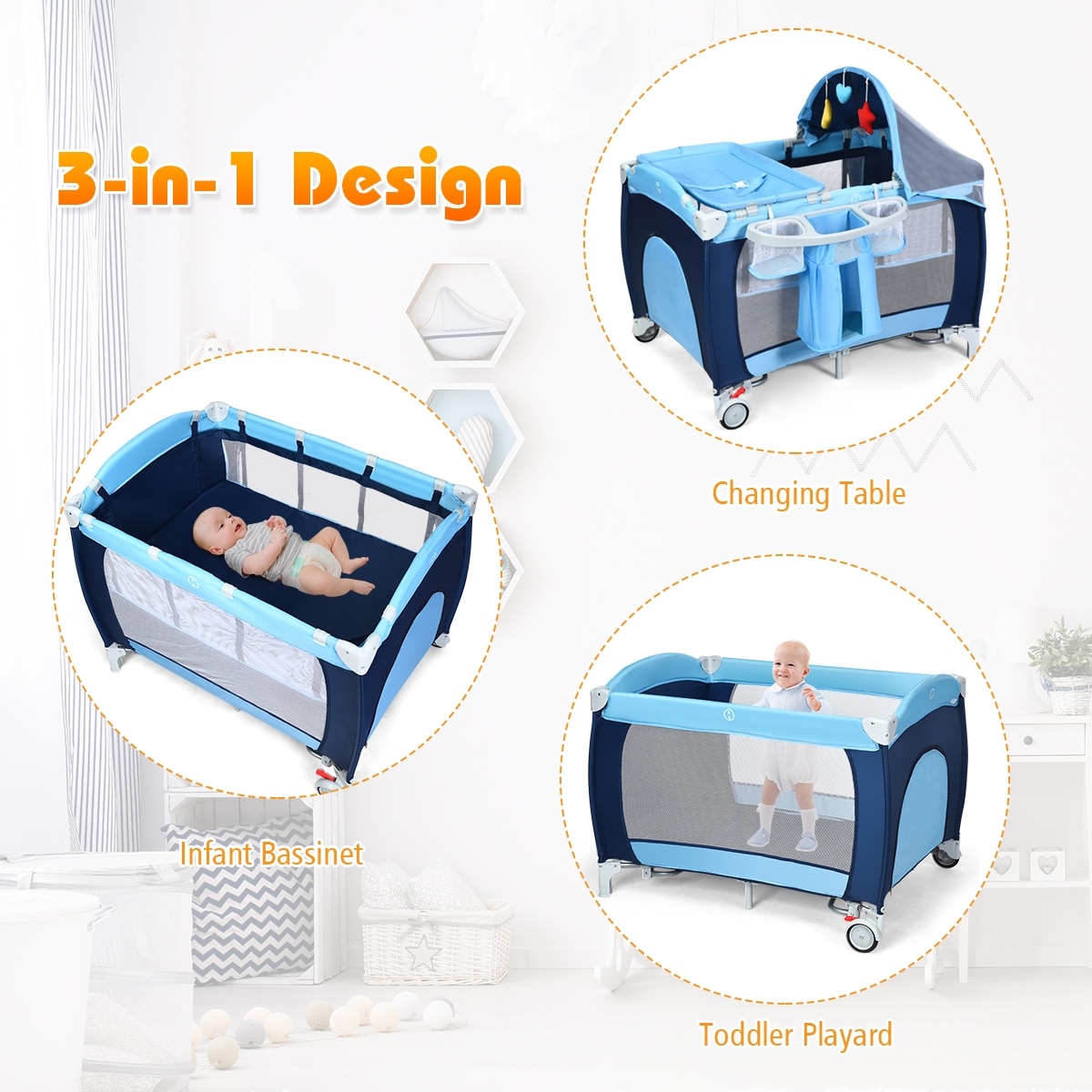 Costway Foldable Baby Crib Playpen Playard Pack Travel Infant 3-in-1  Bassinet Bed Music Gray