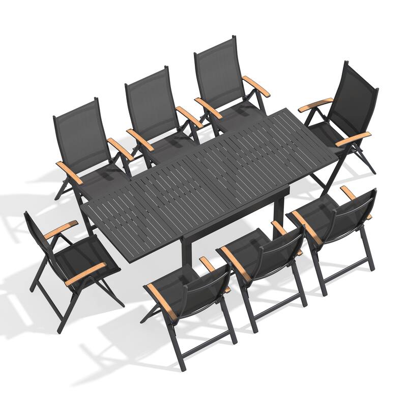 5/7/9/11-Piece Outdoor Patio Dining Set Aluminum Extendable Rectangular Dining Table with Adjustable Back Folding Chairs