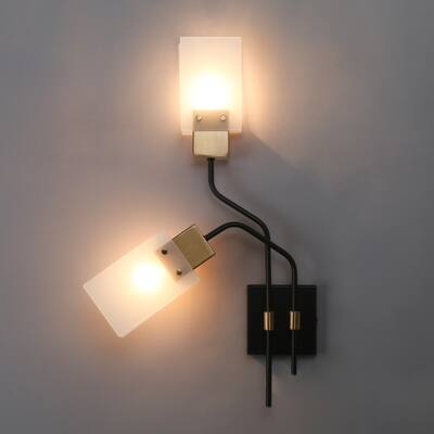 Modern Black Gold 2-Light Wall Sconce with Frosted Glass Shades