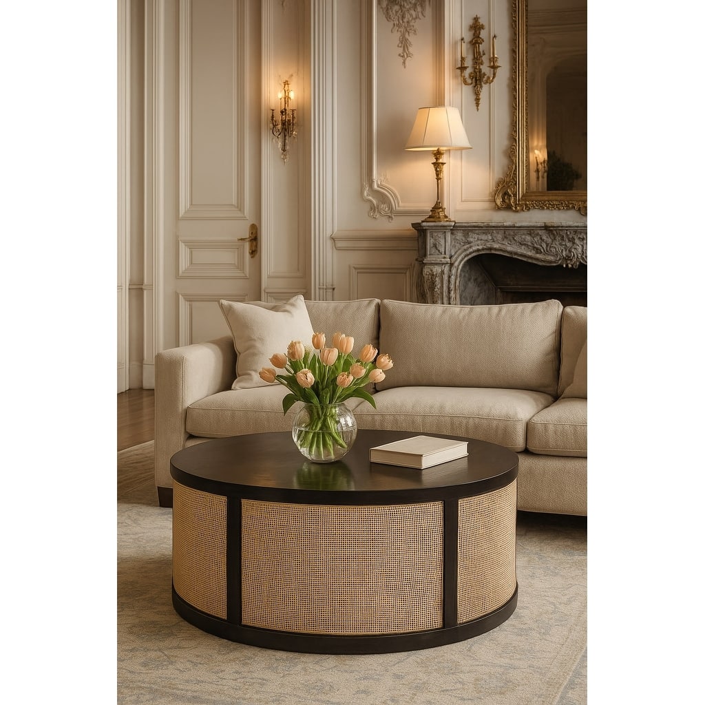 Artisan Furniture Solid Wood Monaco Round Rattan Centerpiece ,Beige & brown