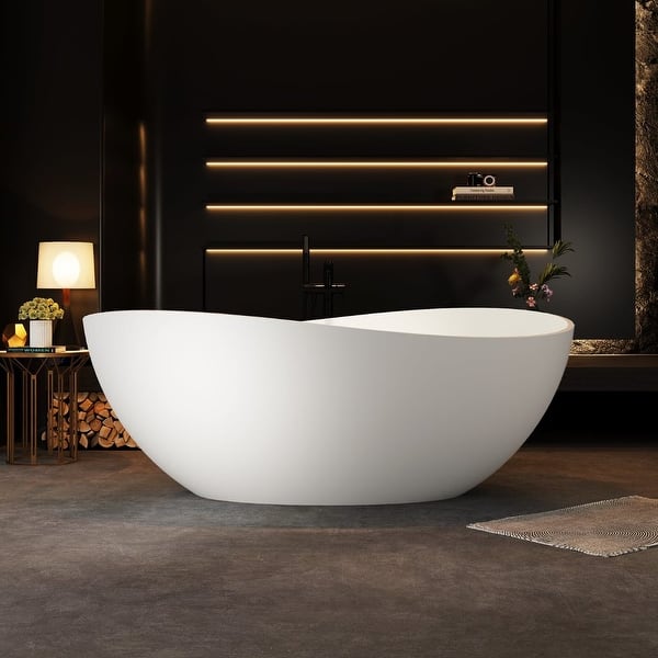 63 in. x 37.4 in. Freestanding Soaking Solid Surface Bathtub with Center Drain in Matte White