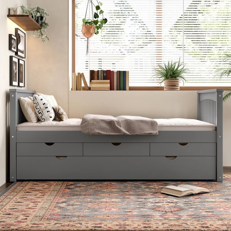 Twin Platform Bed with Drawers and Trundle, Solid Wood Daybed, No Spring Box Needed
