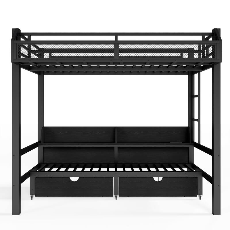 Twin over Twin Bunk Bed with Storage Shelves and Drawers, Multifunctional Metal Bunk Beds with USB Ports and LED Lights