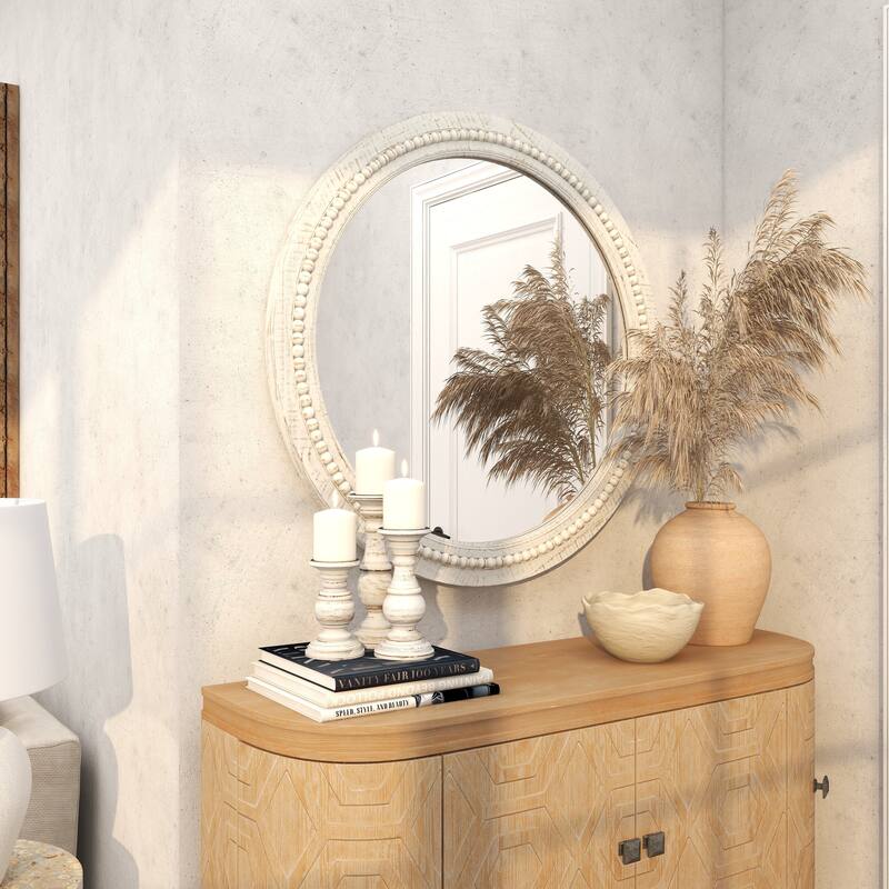 Wood Distressed Carved Beaded Wall Mirror with Beaded Detailing - White - Roche River Decor