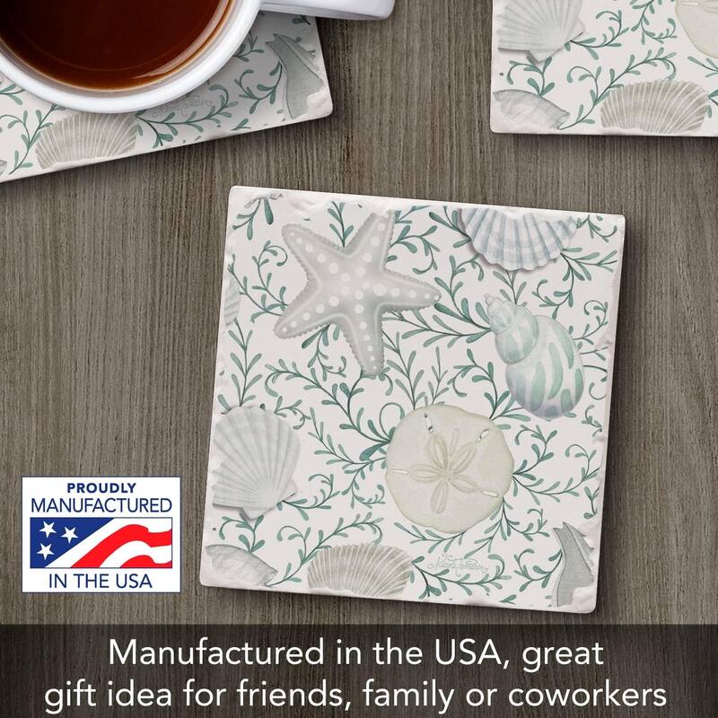 Absorbent Stone Tumbled Tile Coasters, Beach Therapy Shells, Set of 4