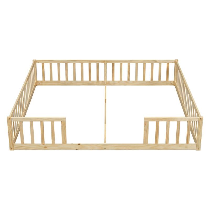 Twin Size Wood Double Floor Bed with Guardrails For Toddlers
