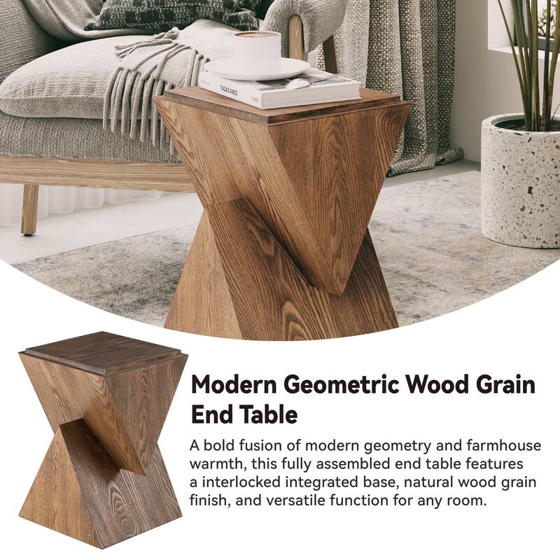 COZAYH Geometric Wood Grain End Table with Structural Design, Farmhouse Side Table with Sculptural Pedestal Base