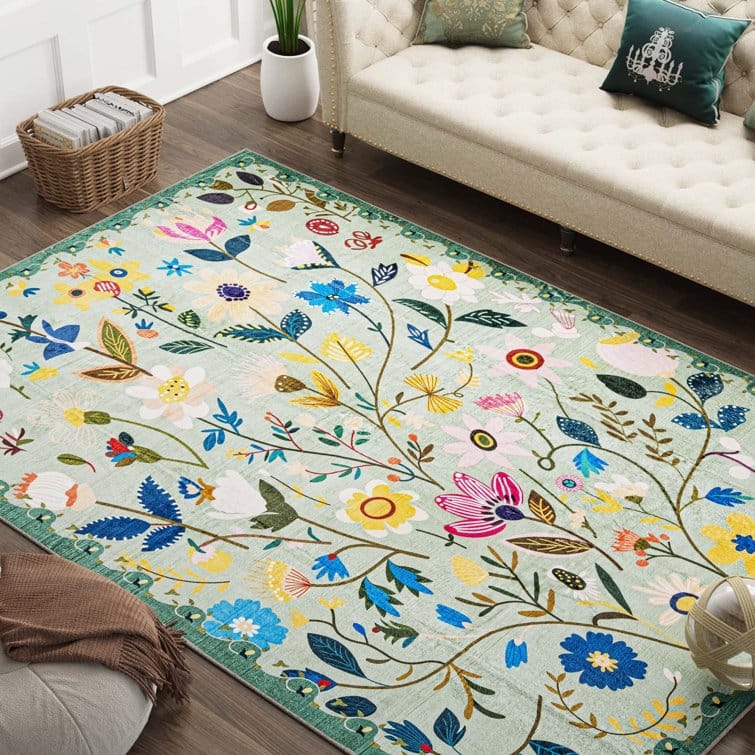 Nature Floral Non-Slip Machine Washable Colorful Modern Area Rug