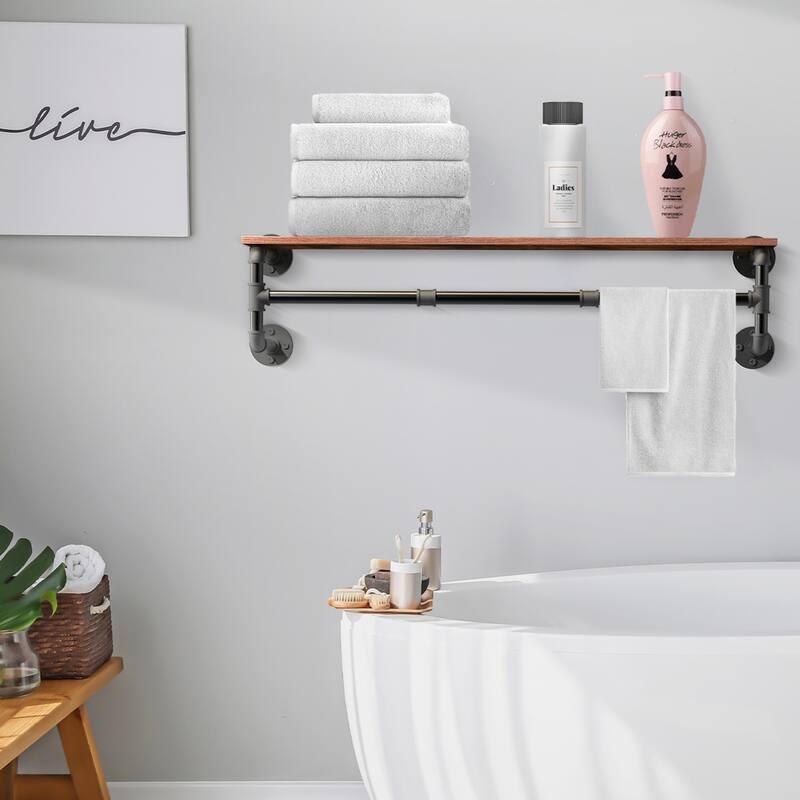 Metal Wall Mounted Pipe Rack with Shelf for Bathroom Clothes Hanging - Black
