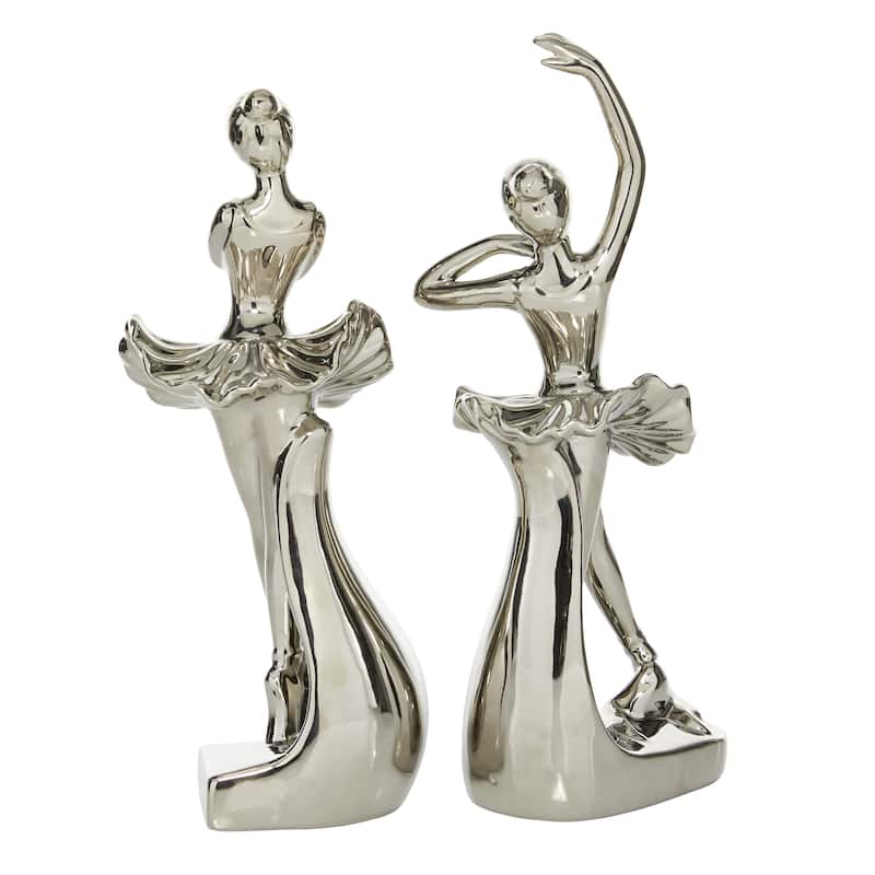 Silver Porcelain Ceramic Dancer Decorative Sculpture (Set of 2) - 4 x 2.75 x 11 and 3 x 2.5 x 10