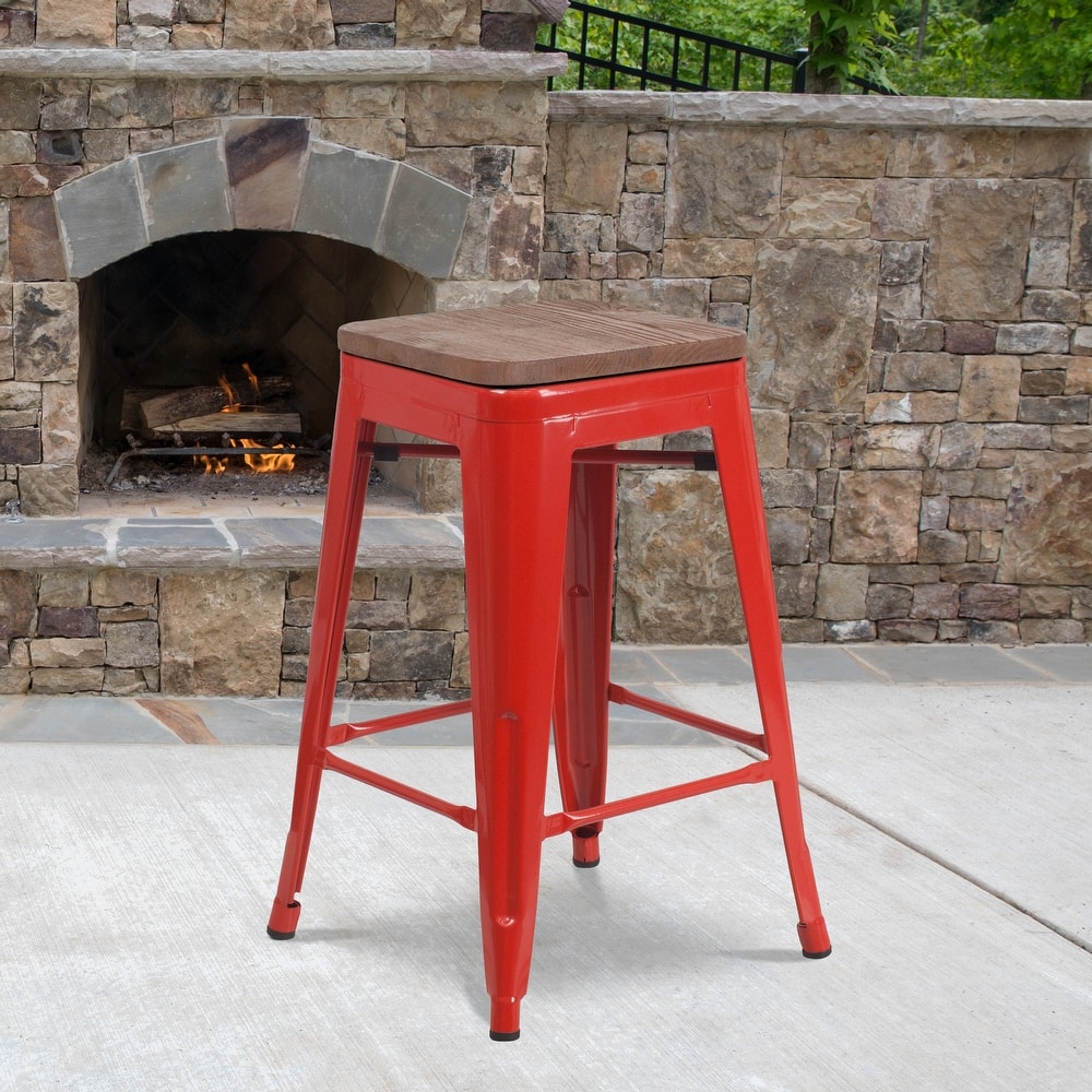 24" High Backless Metal Counter Height Stool with Square Wood Seat