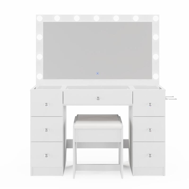 Modern White Makeup Vanity Desk with 13 Dimmable Lights, Glass Top, USB-A & USB-C, 7 Drawers, Hair Dryer Holder, and Stool