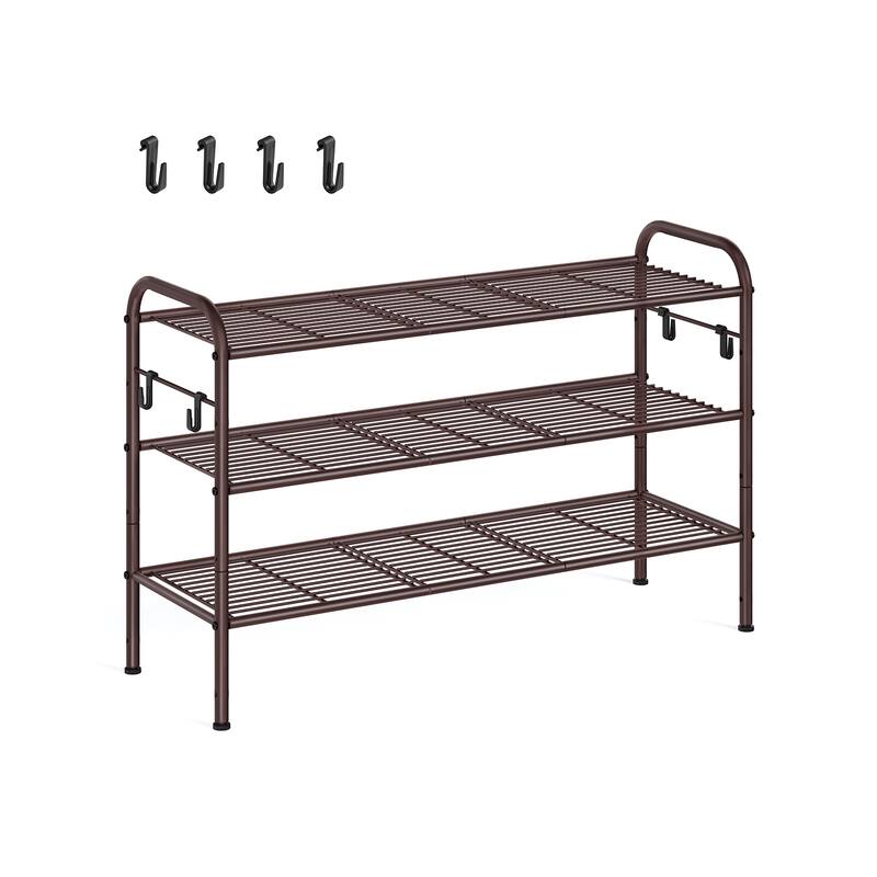 Moder Metal Shoe Rack Organizer with Shelf Storage with Side Hooks for Multiples Shoes Pairs - 3 Tier (11 x 33.5 x 20.8 Inches) - Chestnut Brown