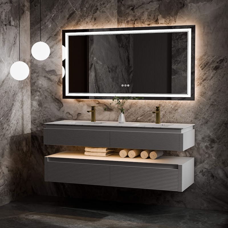 Modland 60" Modern Wall-Mounted Double Sink Bathroom Vanity with Engineered Stone Countertop, Soft-Close Drawers