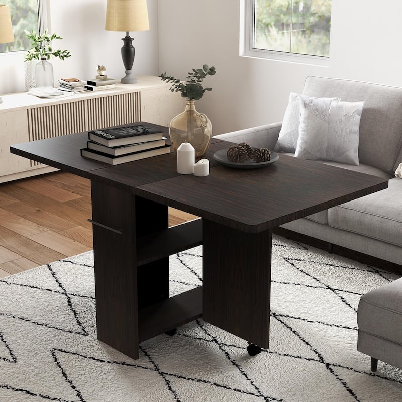 Drop Leaf Dining Table with Storage Rack and Wheels for Small Spaces