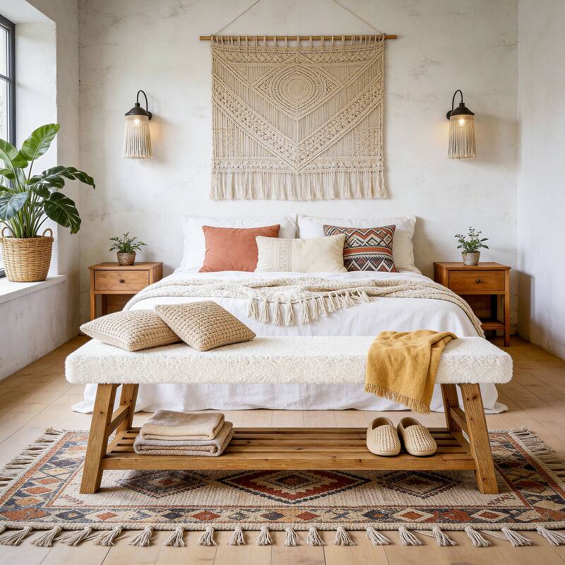 55 Inch Upholstered Shoe Rack Bench with Cushion for Entryway, Bedroom, Kitchen, Dining Room, Solid Wood Bench Seating