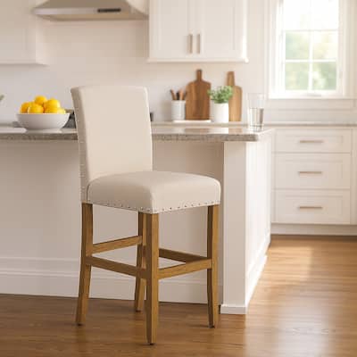 Siem Counter Stool Chair, Brown Beige Polyester Seat, Nailhead Trim