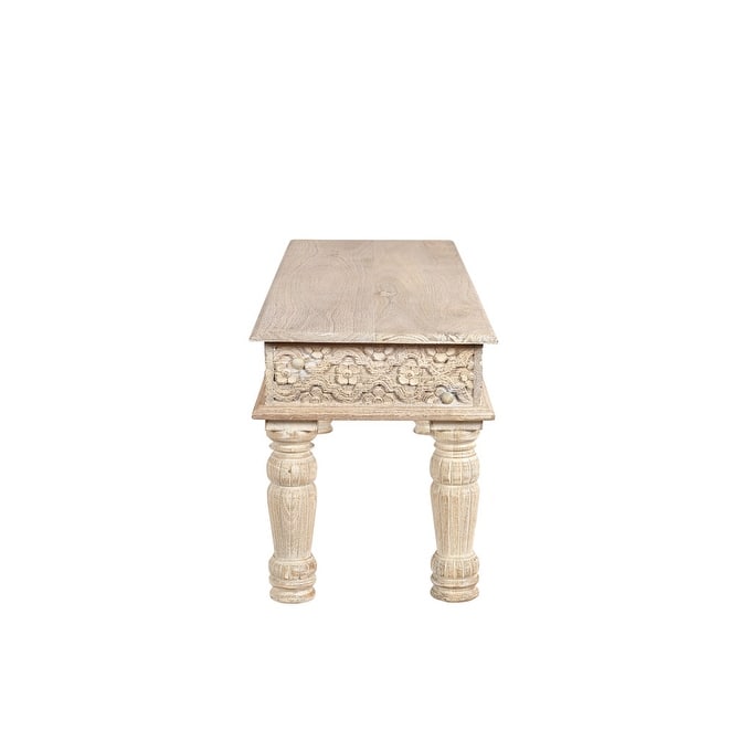 HomeRoots 58" White Floral Distressed Solid Wood Dining Bench - 58.00 in. x 18.00 in. x 16.00 in.