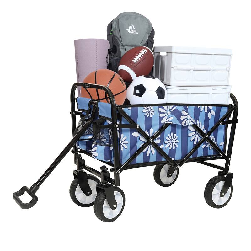 Patterned Collapsible Utility Wagon - Blue Vertical Stripe Design with Storage Straps, 225lb Capacity