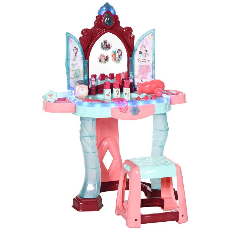 Qaba Self-Opening Mirror Design Kids Vanity Makeup Table Set with Chair and 31-Piece Collection, Imaginative Toy