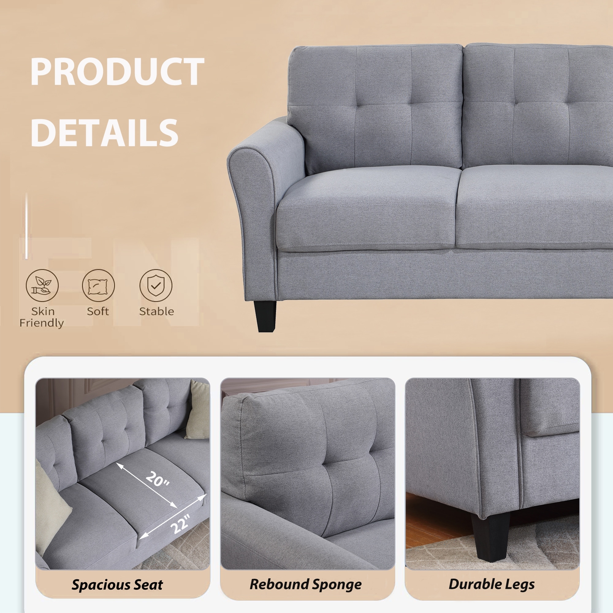 Modern Living Room Sofa Linen Upholstered Couch Furniture for Home
