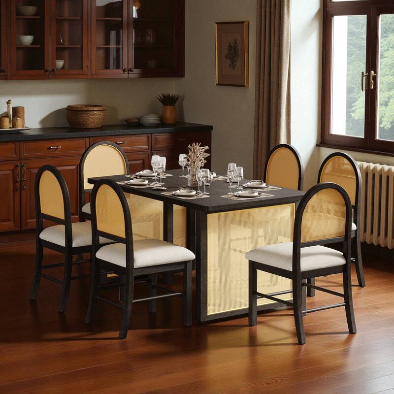 7-Piece Farmhouse Dining Set, 59.8" Distressed Oak Veneer Table with 6 Rattan Chairs, Rustic Dining Room Furniture - Espresso