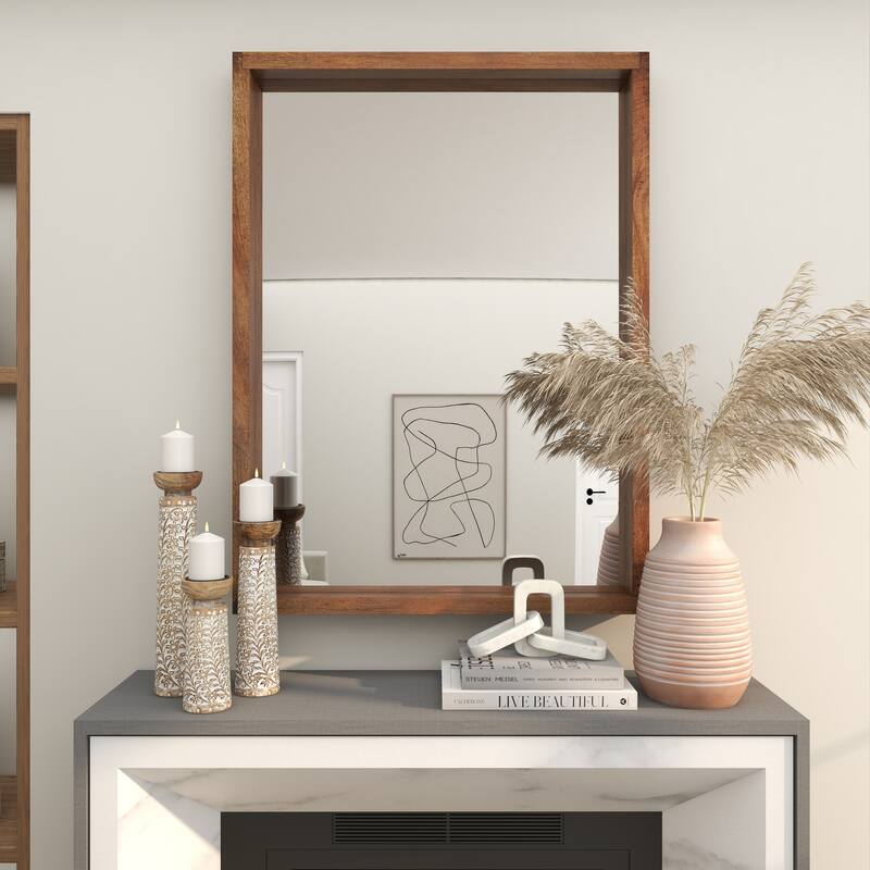 Mango Wood Wall Mirror with Natural Wood Grain and Deep Set Frame - Brown - Roche River Decor