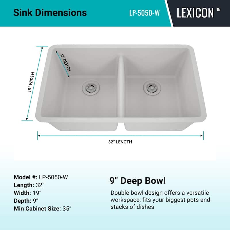 Lexicon Granite 32 Inch 50/50 Double Bowl Undermount Kitchen Sink Kit