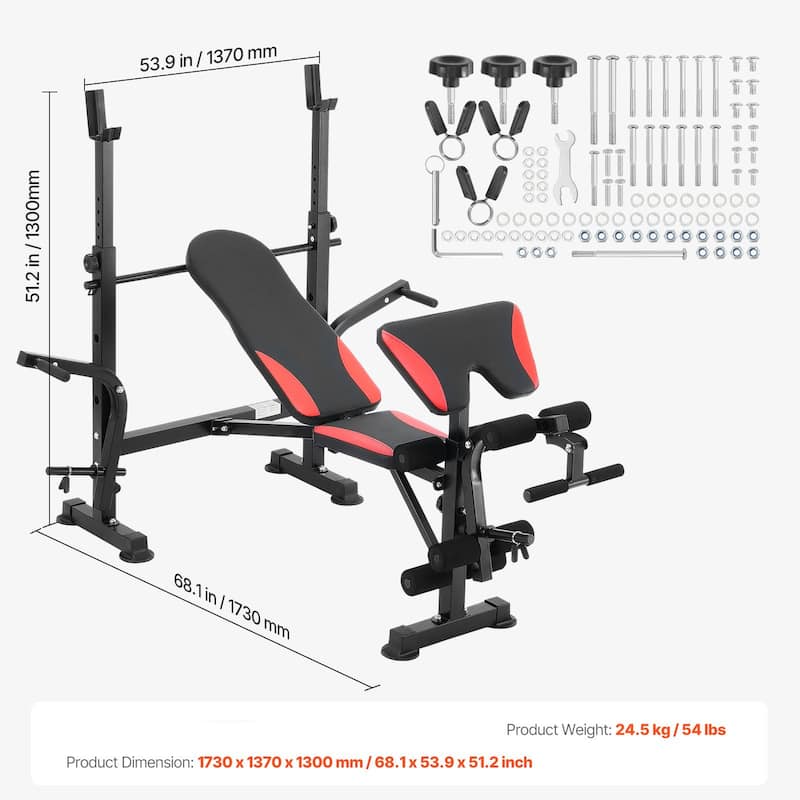 Black Red Steel Workout Bench with Rack, Foldable and Adjustable - 68.1” L x 53.9” W x 51.2” H