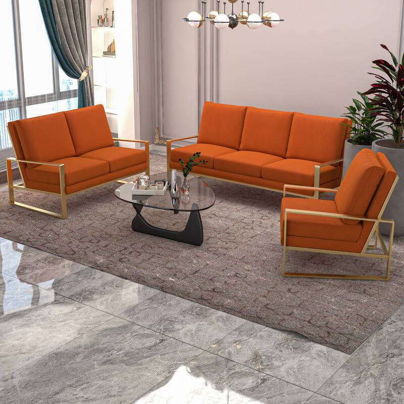 LeisureMod Modern 3-Piece Upholstered Velvet Sofa Set - Includes Sofa, Loveseat & Accent Chair for Home Office Living & Bed Room