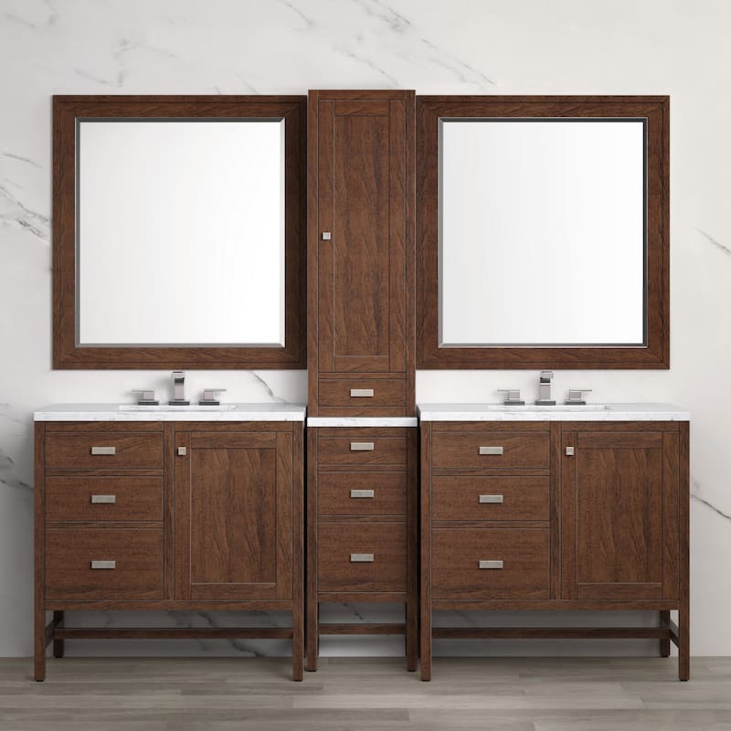 James Martin Addison 87" Double Sink Bathroom Vanity Deluxe Set, Mid-Century Acacia with 3cm Eternal Jasmine Pearl Quartz Top