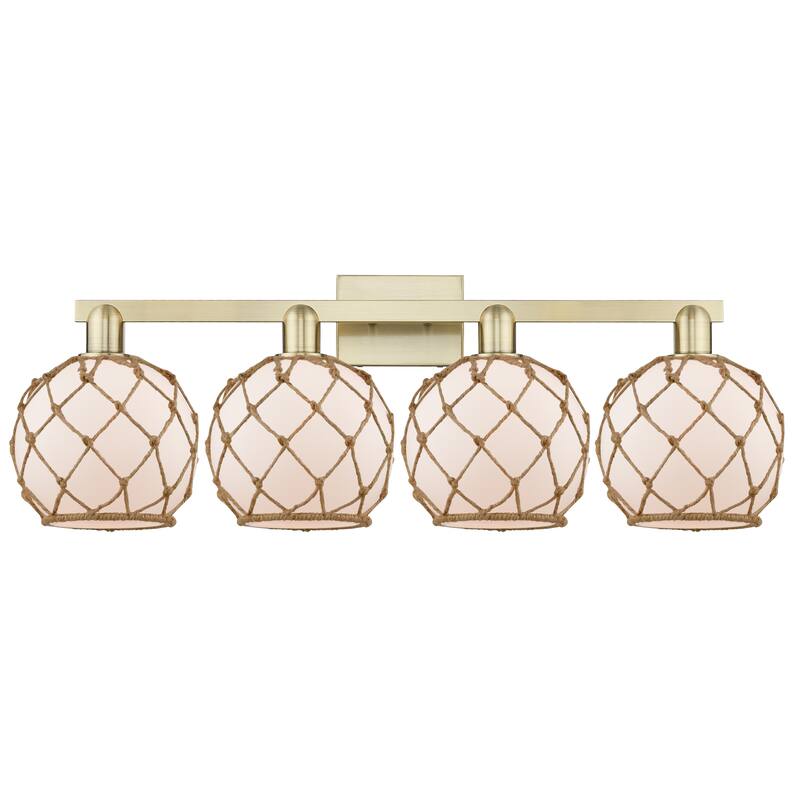 Innovations Lighting Endless Possibilities Arcadia - Farmhouse Rope - 4 Light 35" Bath Vanity Light - Antique Brass/White Glass with Brown Rope