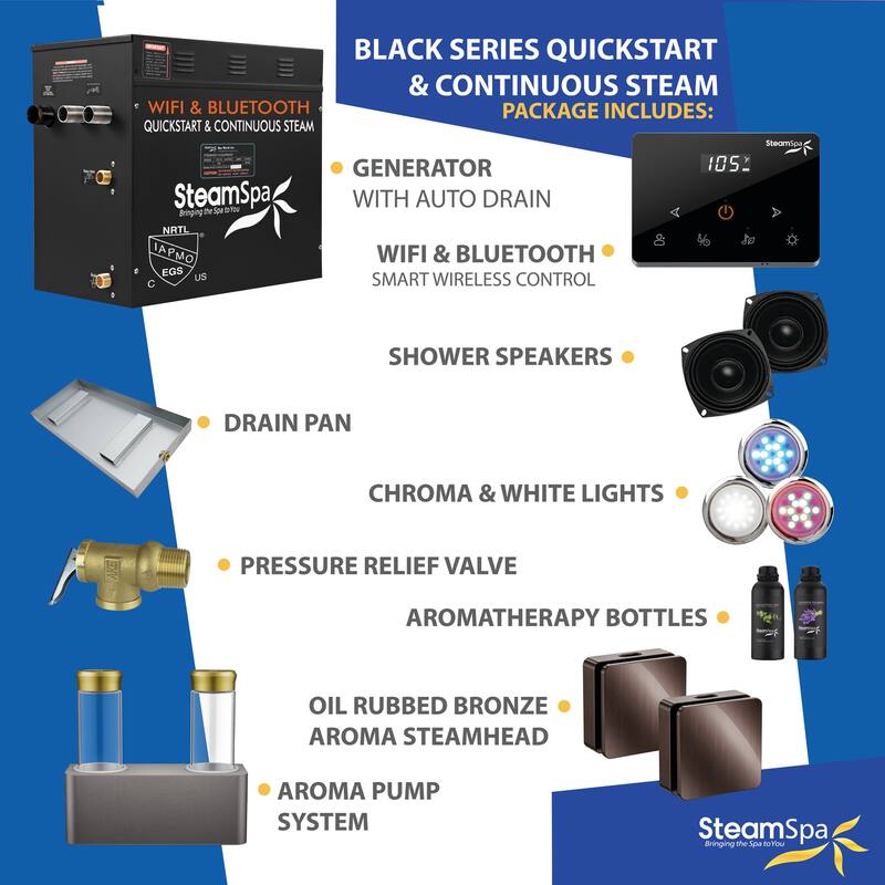 Black Series 12kw Steam Bath Generator with Wireless Remote, Bluetooth, WIFI, and Dual Aroma Pump - 12 KW