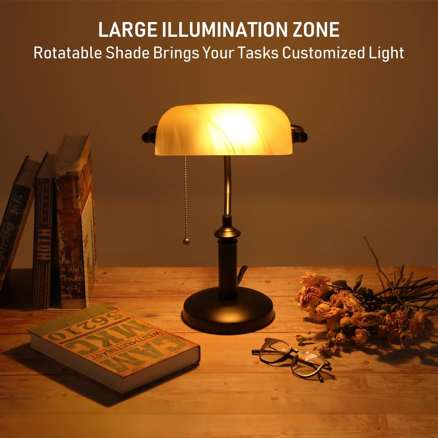 Pale Yellow Glass Bankers Desk Lamp, UL Listed, Antique Desk Lamps with