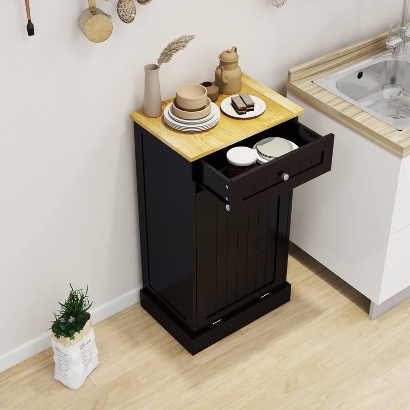 Anmytek 10-Gallon Woodgrain Tilt-Out Trash Can Cabinet with Wave-Textured Drawer for Kitchen,Bathroom