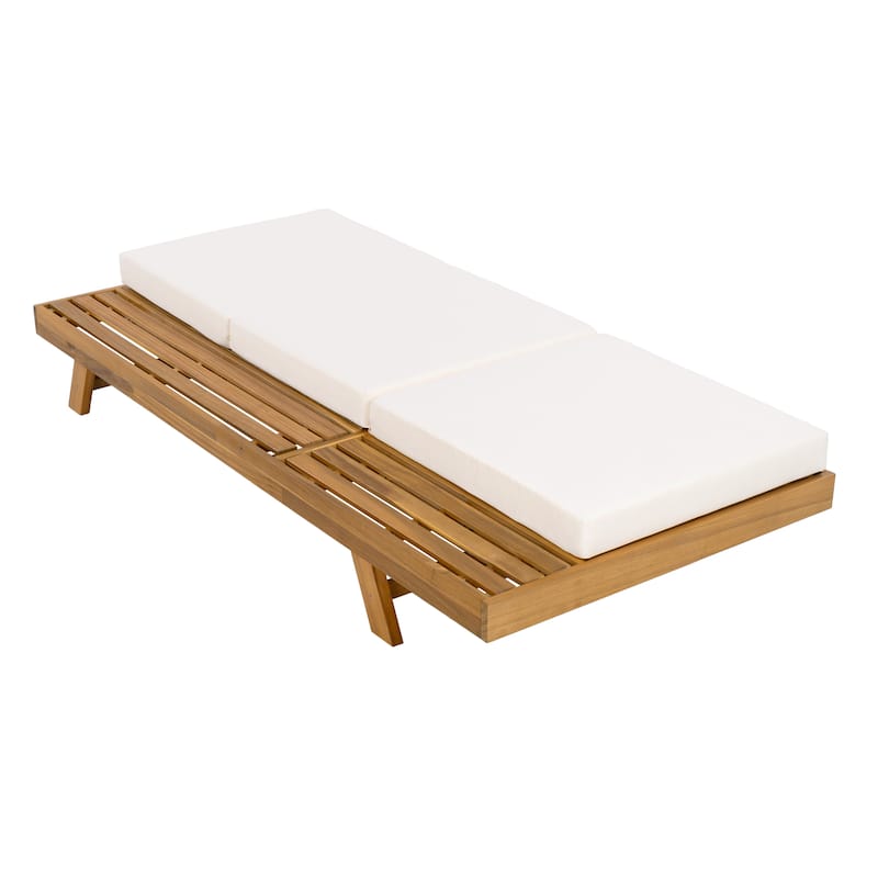 One-sided Open Storage Lounge Chairs Outdoor Patio Acacia Wood Chaise Lounge with Adjustable Backrest & Water-repellent Cushions