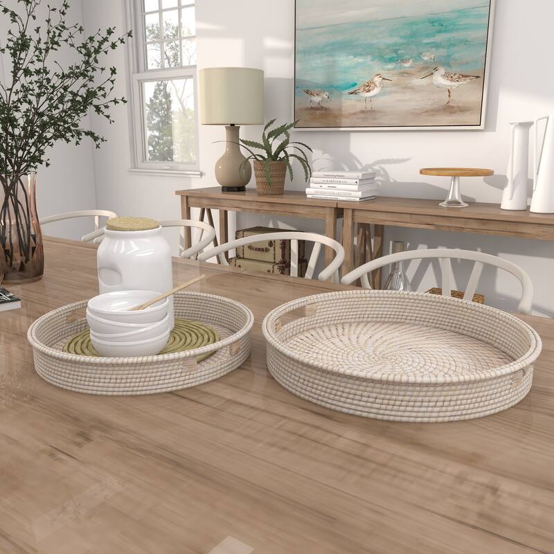 Cream Rattan Living Room Decor Tray with Slot Handles (Set of 2) - 20 x 20 x 3Round