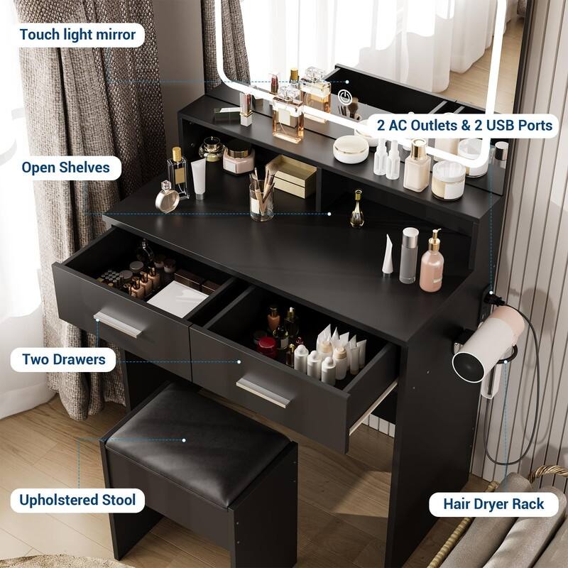 Makeup Vanity Table with LED Mirror, Stool, Power Outlets, 2 Drawers & Storage