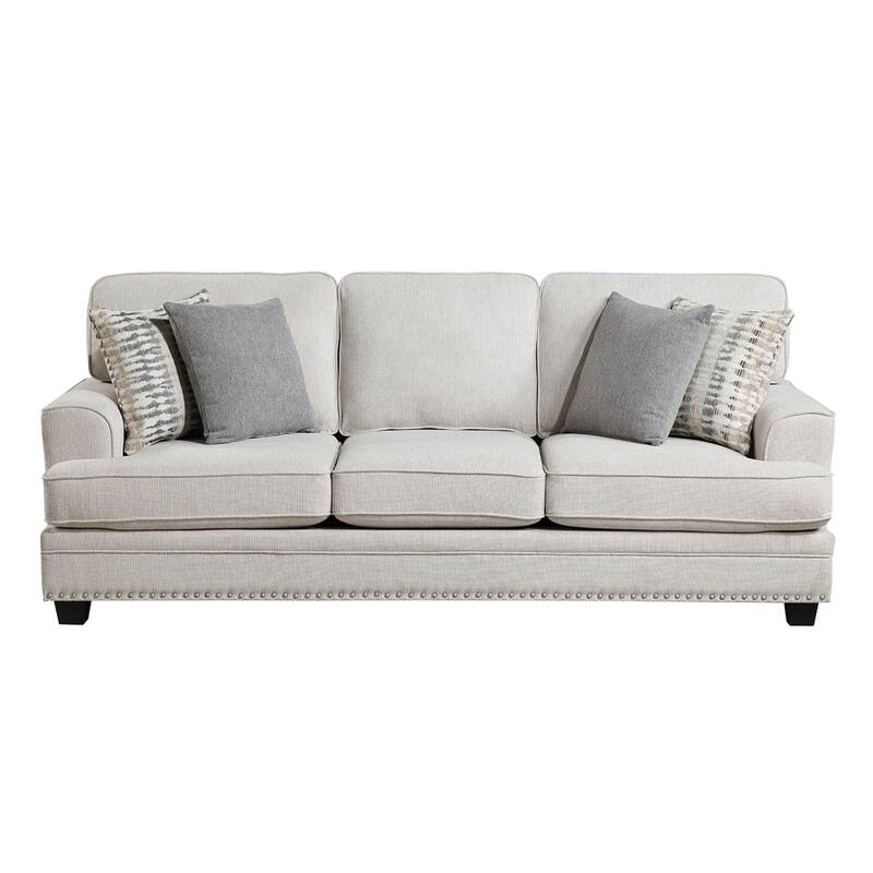 Brady Sofa with 4 Pillows, Sand Brown Chenille, Nailhead Trim, 92 Inch